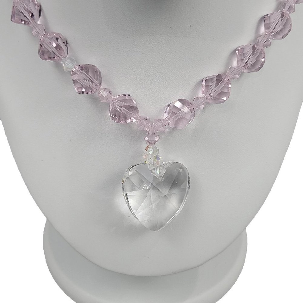 Chunky Pink Beaded Necklace with Glass Heart Charm